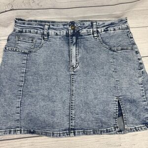 Luvamia Women's Side Slit Denim Skort Bay Blue Acid Wash Large NEW (1957)